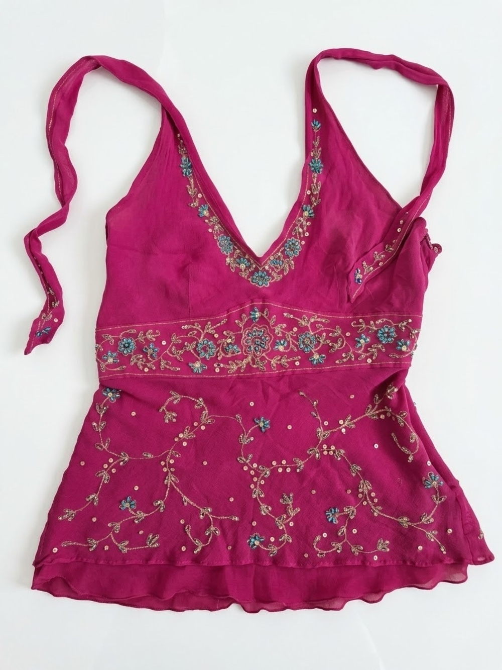 100% Silk Y2K Fuchsia Embroidered V-Neck Halter Top